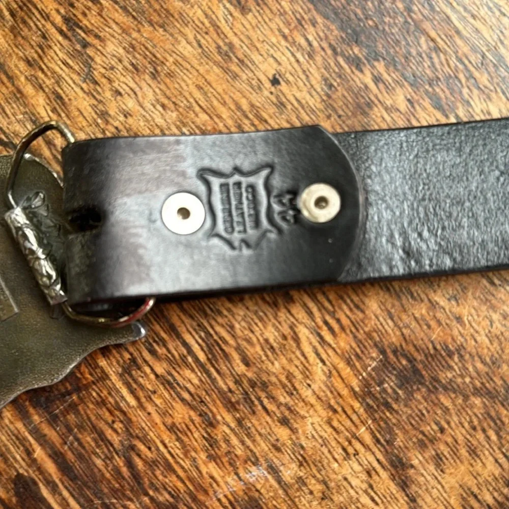 Vintage Solid Brass Belt Buckel 1980 Olympic with Snap-on Leather Belt sz 44